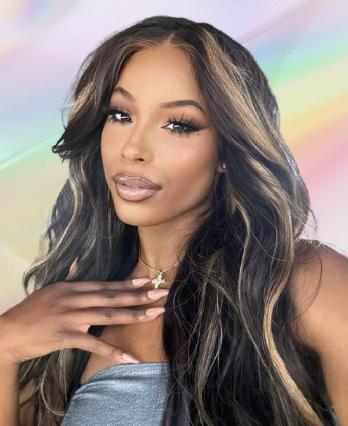 13x4 Transparent Lace Front Blonde Highlights Body Wave Black Wig